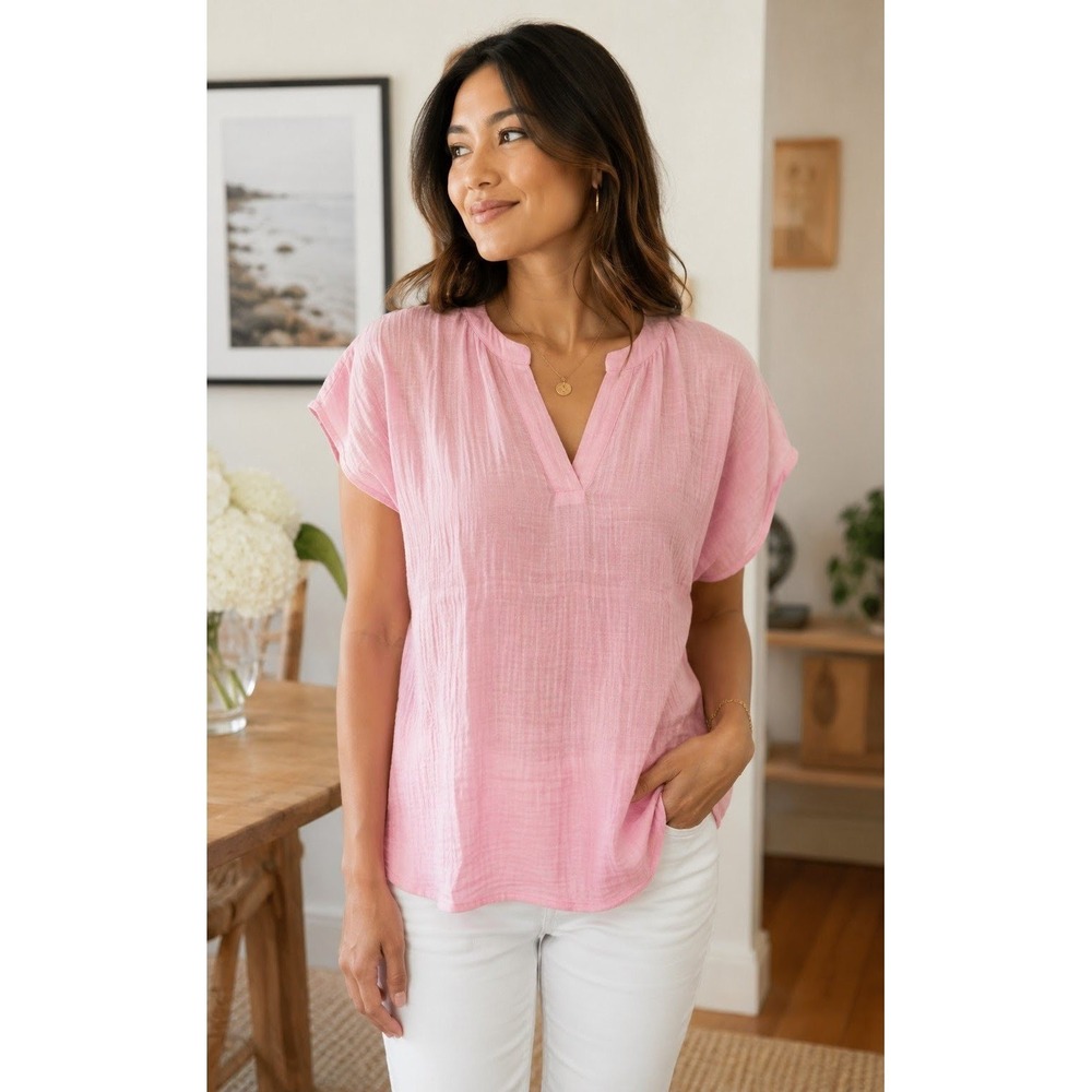 Market & Spruce Pink Cotton Gauze Cap Sleeve Blouse L Boho Cottagecore Preppy